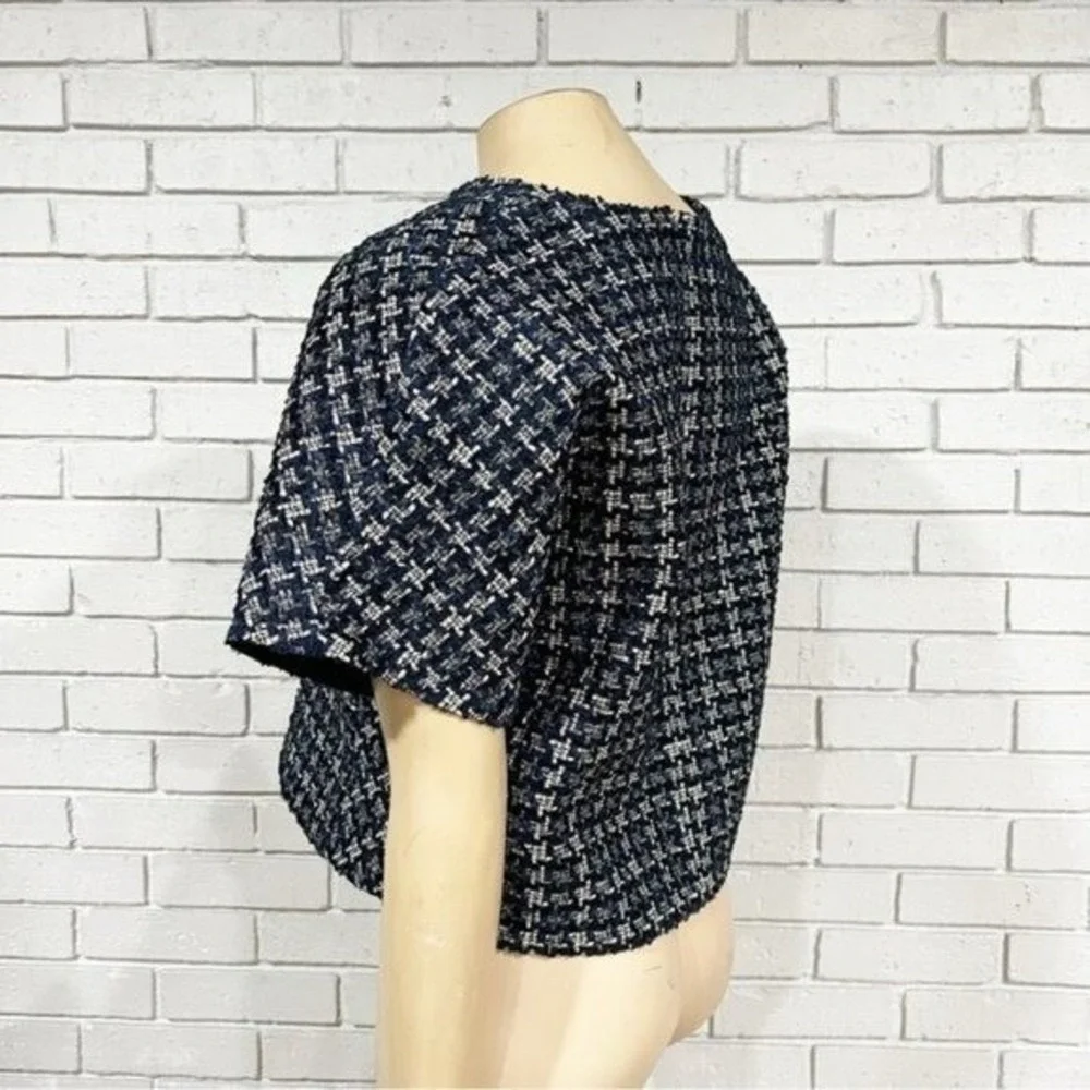 J.Crew Cropped Cap Sleeve Tweed Top Metallic Houndstooth Lined Chic Work Size 14
